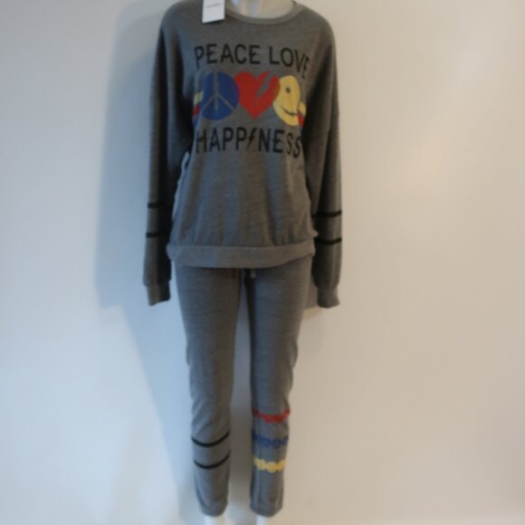 NWT Womens Lauren Moshi Gray Peace Love Smiley 2Pc Sweatshirt Jogger Pants S - Picture 1 of 11